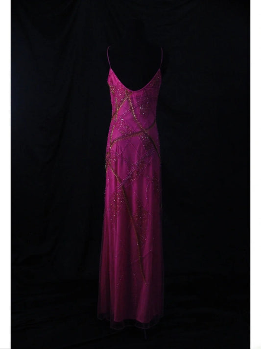 Vintage A-Linien-Kleid mit Spaghettiträgern, fuchsiafarben, 70er-Jahre-Stil, mit Perlen, langes Ballkleid, Inspiration für den 18. Geburtstag, formelles Kleid für Damen AS455