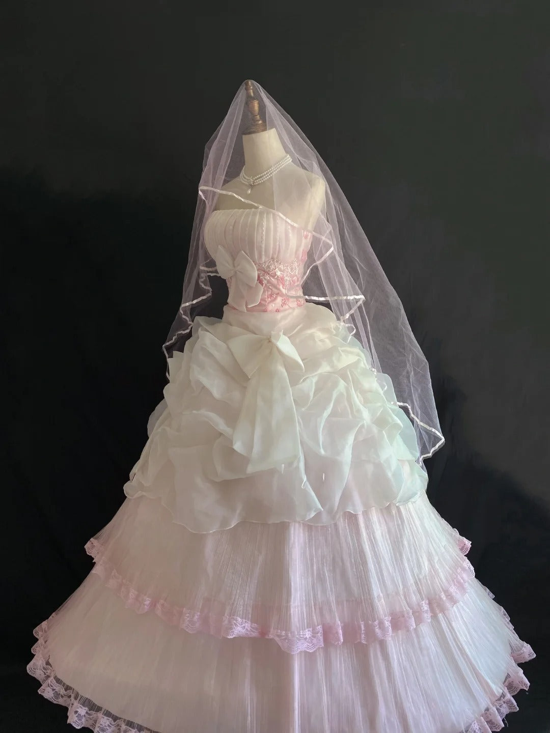 Aesthetic Ball Gown Strapless Pink Tulle Lace Long With Tiered Layers Wedding Veil Quince Dress inspo Quinceanera Dresses Formal 18th Birthday Outfit RB7912