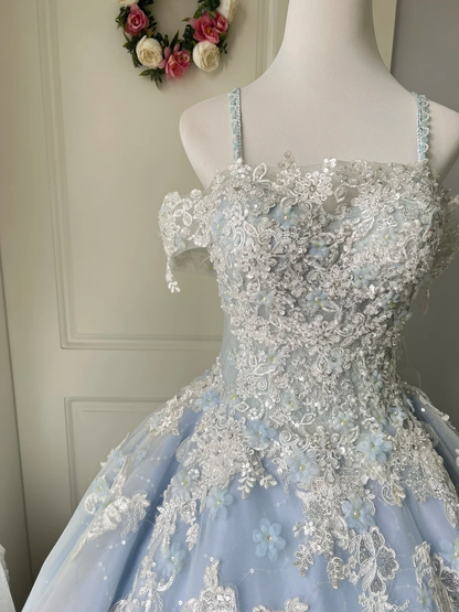 Quinceanera-Kleid für den 15. Geburtstag, Ballkleid mit Spaghettiträgern, helles Himmelblau mit Spitze, langes Outfit für den 16. Geburtstag RC0772