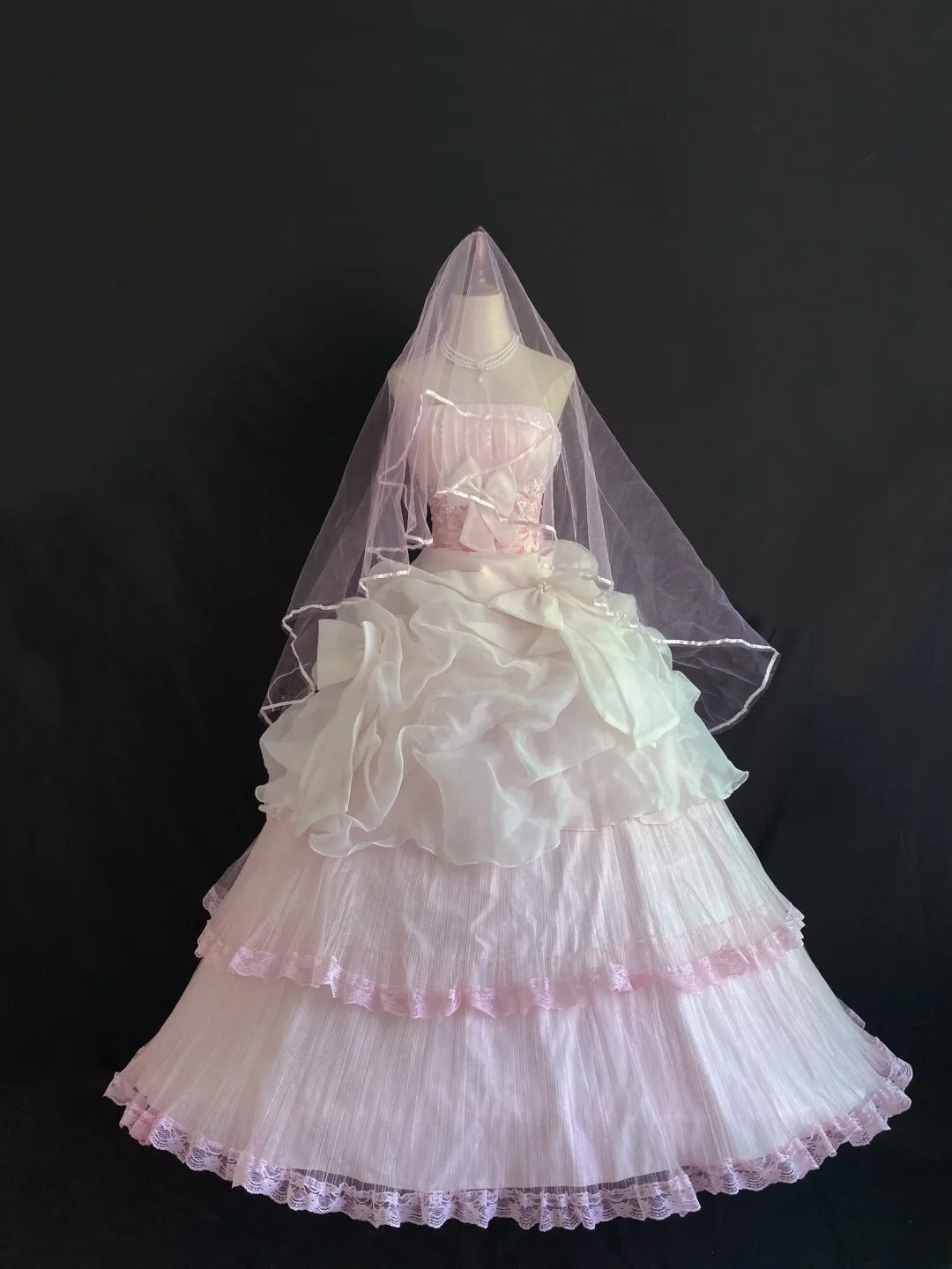 Aesthetic Ball Gown Strapless Pink Tulle Lace Long With Tiered Layers Wedding Veil Quince Dress inspo Quinceanera Dresses Formal 18th Birthday Outfit RB7912
