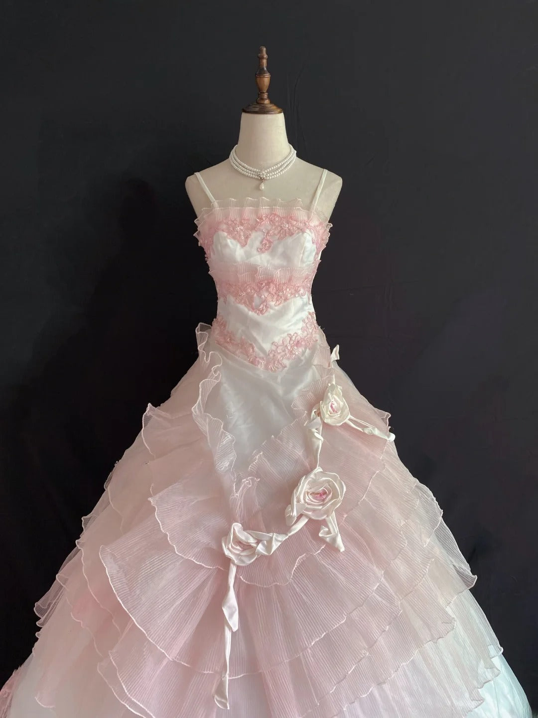 Princesses Ball Gown Spaghetti Straps Pink Tulle Long With Tiered Layers Flowers Quince Dress inspo Quinceanera Dresses Formal 16th Birthday Outfit RB7913