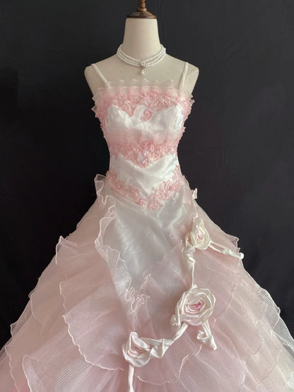 Princesses Ball Gown Spaghetti Straps Pink Tulle Long With Tiered Layers Flowers Quince Dress inspo Quinceanera Dresses Formal 16th Birthday Outfit RB7913