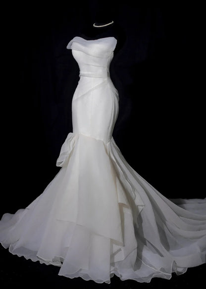 Modest Long Wedding Dresses Mermaid Strapless Chiffon Style for Bride With Pleated Bodice Train Bridal Dresses AS457