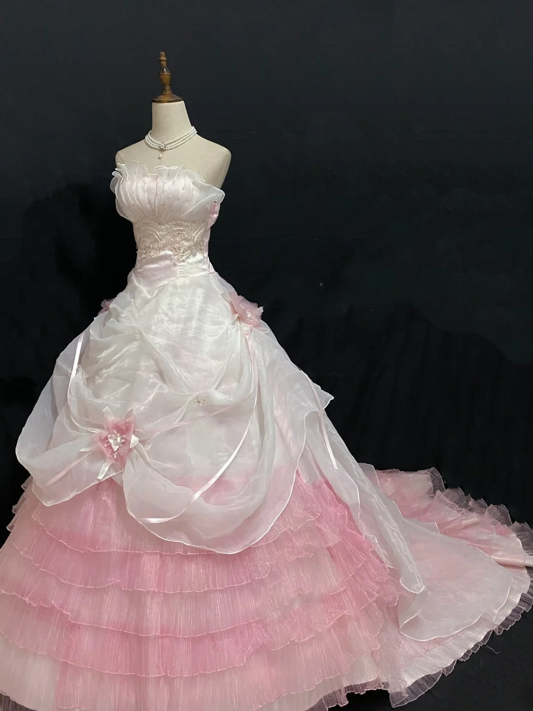 Aesthetic Ball Gown Strapless Pink Tulle Lace Long With Tiered Layers Long Quince Dress inspo Quinceanera Dresses Formal 18th Birthday Outfit RB7914