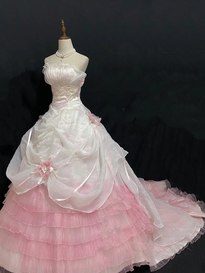 Aesthetic Ball Gown Strapless Pink Tulle Lace Long With Tiered Layers Long Quince Dress inspo Quinceanera Dresses Formal 18th Birthday Outfit RB7914