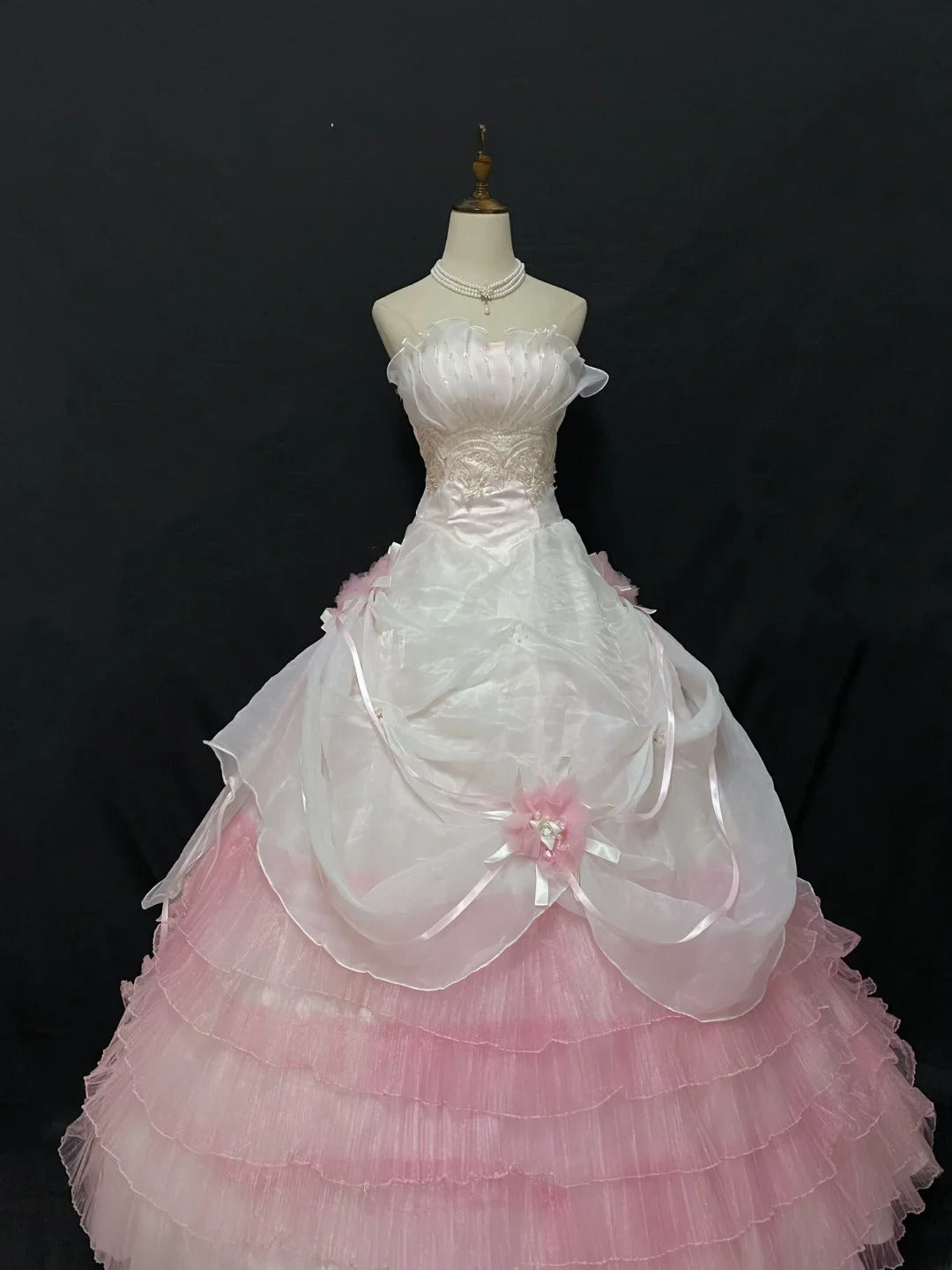 Aesthetic Ball Gown Strapless Pink Tulle Lace Long With Tiered Layers Long Quince Dress inspo Quinceanera Dresses Formal 18th Birthday Outfit RB7914