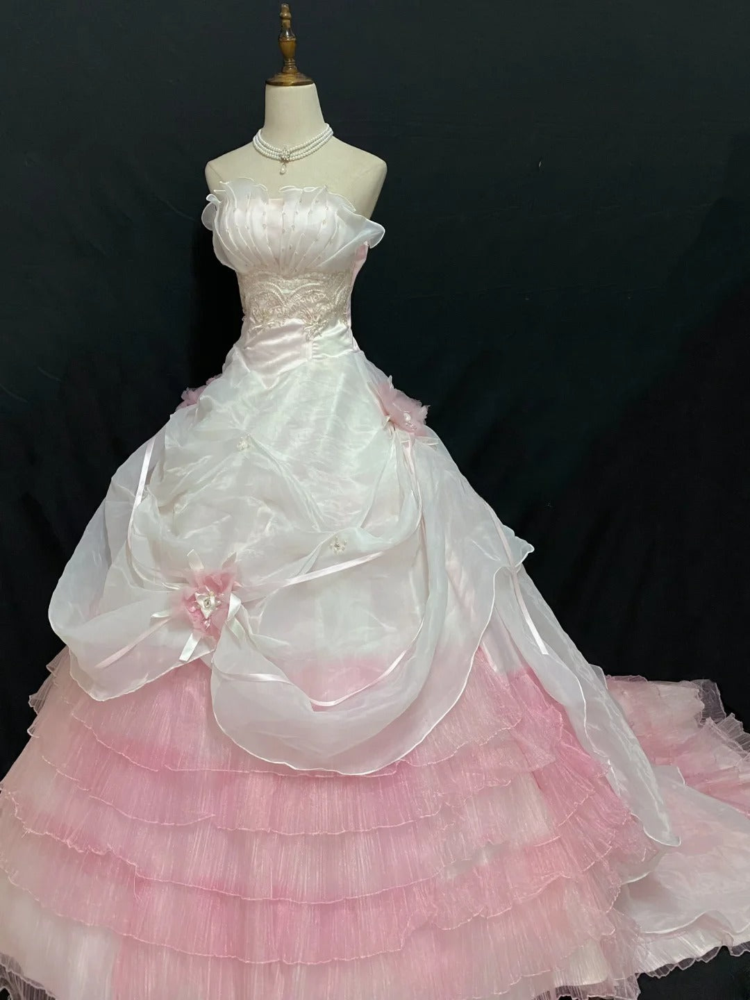 Aesthetic Ball Gown Strapless Pink Tulle Lace Long With Tiered Layers Long Quince Dress inspo Quinceanera Dresses Formal 18th Birthday Outfit RB7914