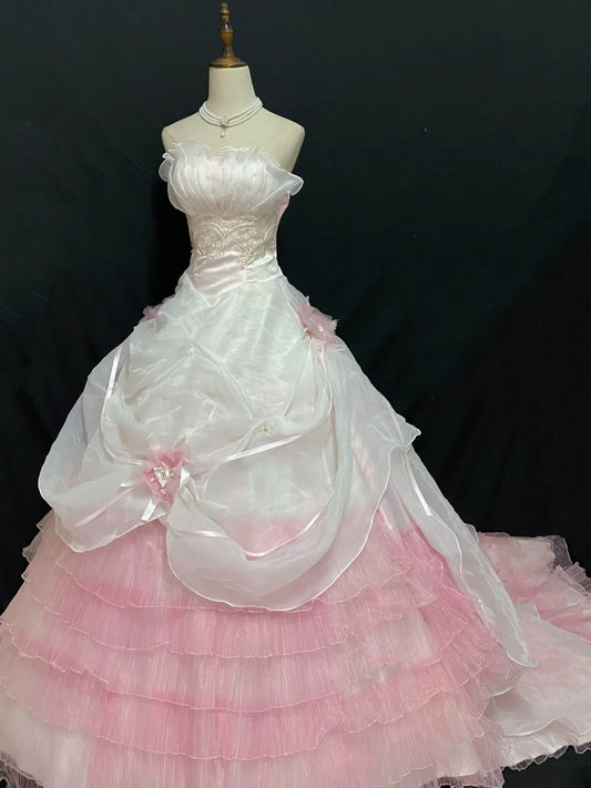 Aesthetic Ball Gown Strapless Pink Tulle Lace Long With Tiered Layers Long Quince Dress inspo Quinceanera Dresses Formal 18th Birthday Outfit RB7914