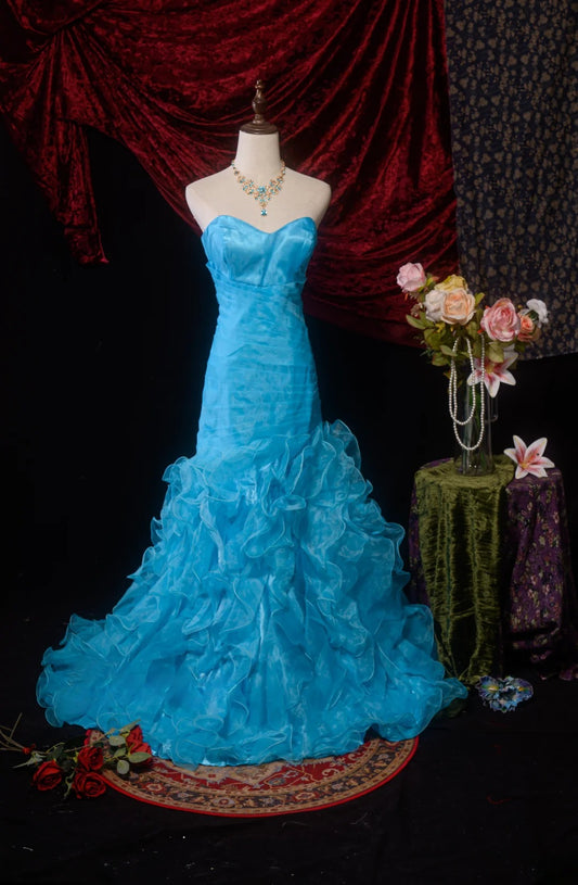 Classic Mermaid Sweetheart Blue Tulle Sweet 16 Long Prom Dress Inspiration Party Senior Dance Prom Dresses RB8628