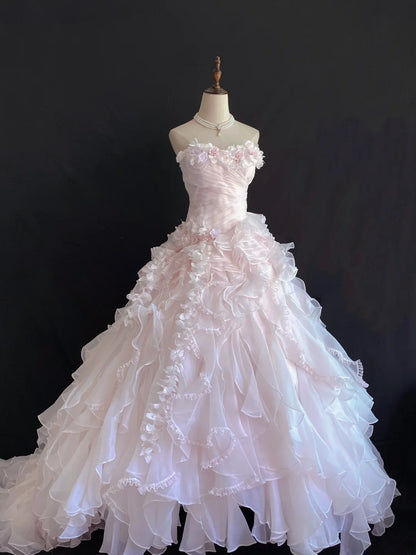 Aesthetic Ball Gown Strapless Light Pink Organza Long With Tiered Layers 3D Flowers Long Quince Dress inspo Quinceanera Dresses Formal 16th Birthday Outfits RB7916