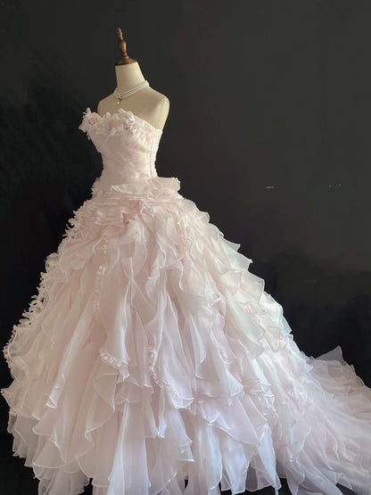 Aesthetic Ball Gown Strapless Light Pink Organza Long With Tiered Layers 3D Flowers Long Quince Dress inspo Quinceanera Dresses Formal 16th Birthday Outfits RB7916