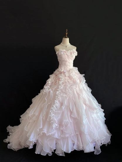 Aesthetic Ball Gown Strapless Light Pink Organza Long With Tiered Layers 3D Flowers Long Quince Dress inspo Quinceanera Dresses Formal 16th Birthday Outfits RB7916