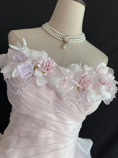 Aesthetic Ball Gown Strapless Light Pink Organza Long With Tiered Layers 3D Flowers Long Quince Dress inspo Quinceanera Dresses Formal 16th Birthday Outfits RB7916
