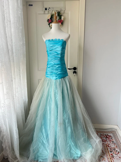 Elegant Prom Dresses Mermaid Strapless Blue Tulle Long Graduation Dance Outfits RC0777