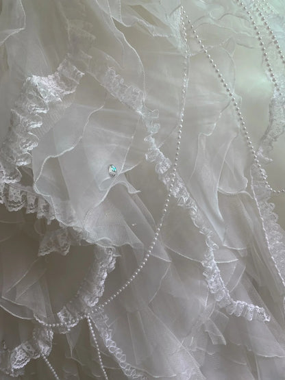Aesthetic Ball Gown Sweetheart White Tulle Long With Tiered Layers Lace Long Quince Dress inspo Quinceanera Dresses Formal 16th Birthday Outfits RB7917