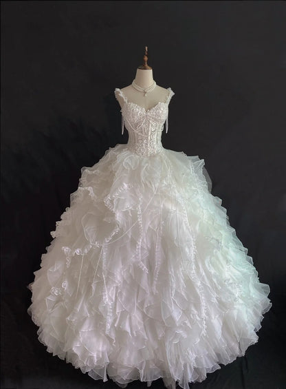 Aesthetic Ball Gown Sweetheart White Tulle Long With Tiered Layers Lace Long Quince Dress inspo Quinceanera Dresses Formal 16th Birthday Outfits RB7917