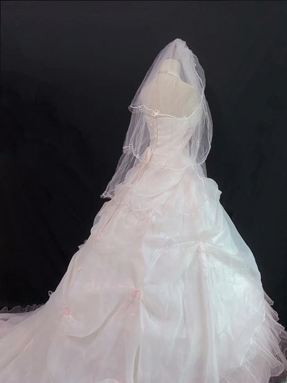 Princesses Ball Gown Strapless Pink Organza Long With Tiered Layers Veil Quince Dress inspo Quinceanera Dresses Formal 16th Birthday Outfit RB7918