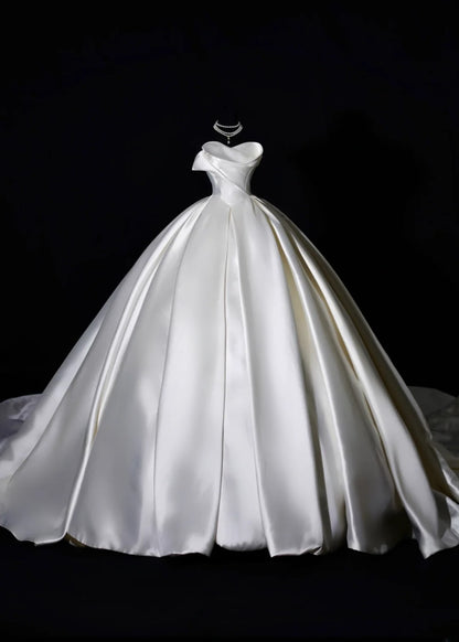 Langes Prinzessinnen-Brautkleid, Ballkleid, ärmellos, mit Herzausschnitt, aus Satin, mit plissierter Schleppe, weißes Brautkleid AS462