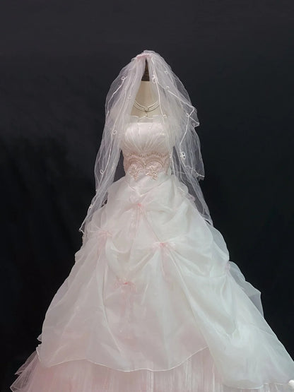 Princesses Ball Gown Strapless Pink Organza Long With Tiered Layers Veil Quince Dress inspo Quinceanera Dresses Formal 16th Birthday Outfit RB7918