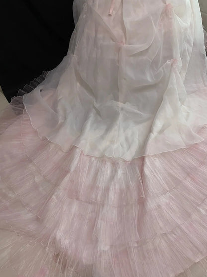 Princesses Ball Gown Strapless Pink Organza Long With Tiered Layers Veil Quince Dress inspo Quinceanera Dresses Formal 16th Birthday Outfit RB7918