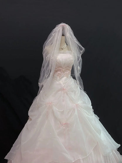 Princesses Ball Gown Strapless Pink Organza Long With Tiered Layers Veil Quince Dress inspo Quinceanera Dresses Formal 16th Birthday Outfit RB7918