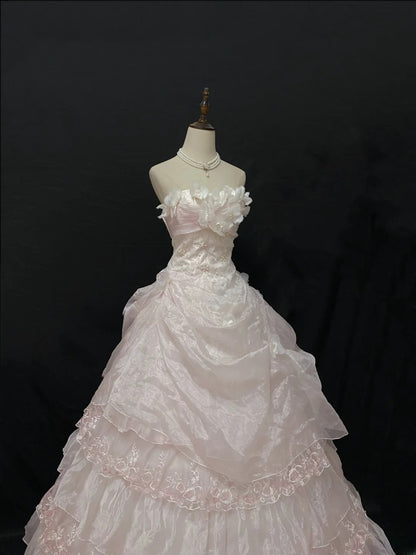Princesses Ball Gown Strapless Pink Organza Long With Tiered Layers Flowers Quince Dress inspo Quinceanera Dresses Formal 16th Birthday Outfit RB7919