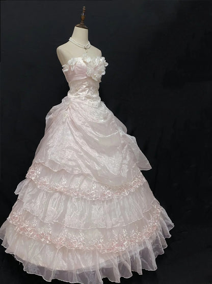 Princesses Ball Gown Strapless Pink Organza Long With Tiered Layers Flowers Quince Dress inspo Quinceanera Dresses Formal 16th Birthday Outfit RB7919