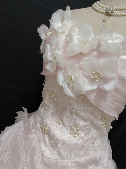 Princesses Ball Gown Strapless Pink Organza Long With Tiered Layers Flowers Quince Dress inspo Quinceanera Dresses Formal 16th Birthday Outfit RB7919