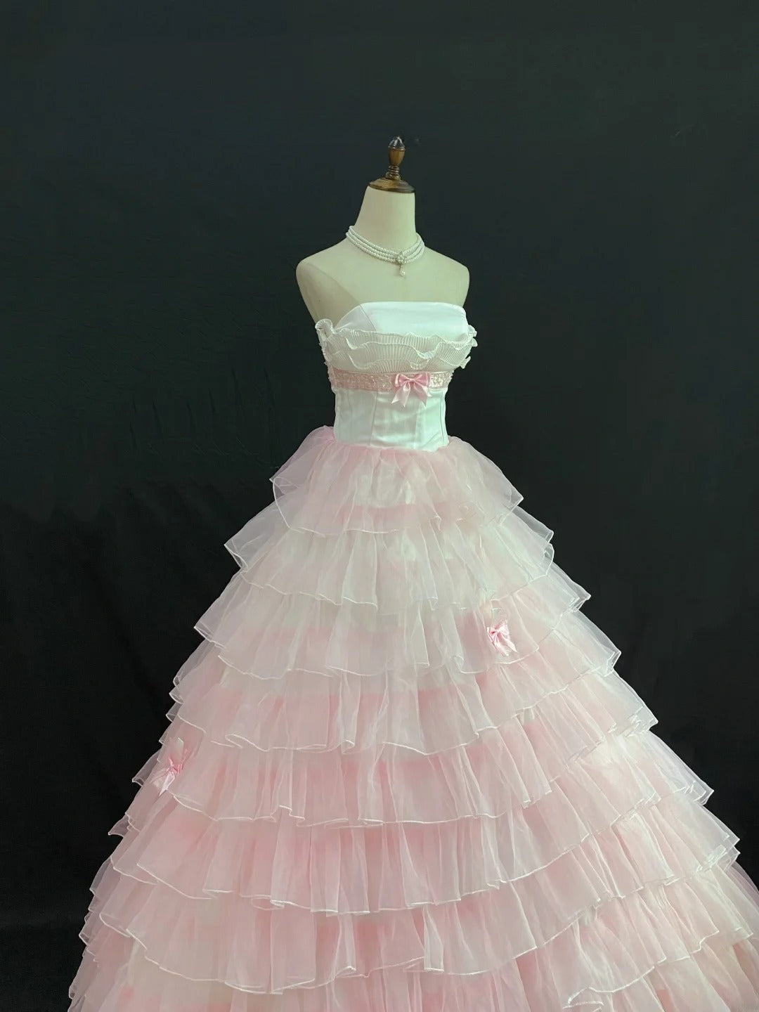Princesses Ball Gown Strapless Pink Tulle Long With Tiered Layers Bow Quince Dress inspo Quinceanera Dresses Formal 16th Birthday Outfit RB7920