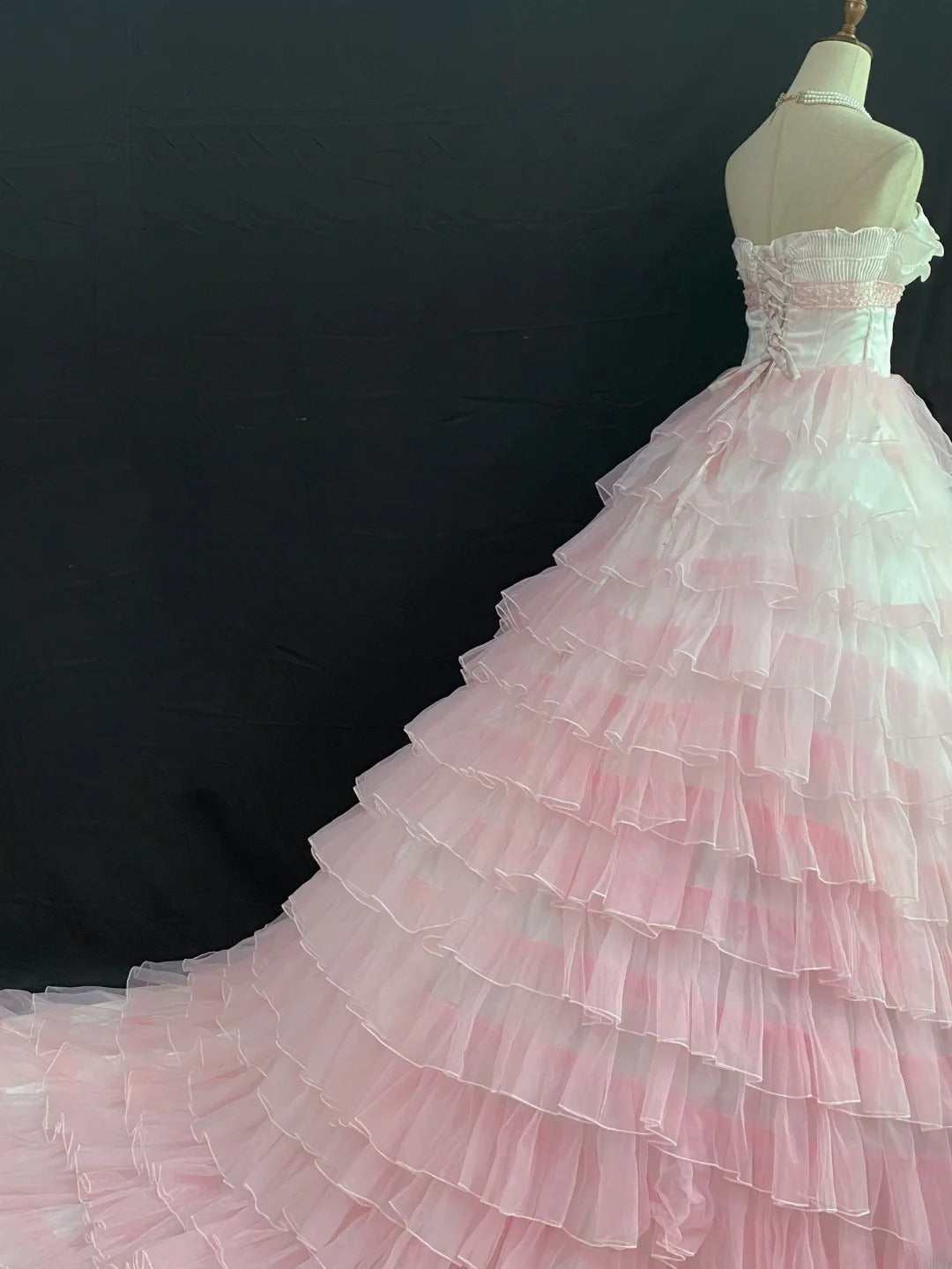 Princesses Ball Gown Strapless Pink Tulle Long With Tiered Layers Bow Quince Dress inspo Quinceanera Dresses Formal 16th Birthday Outfit RB7920