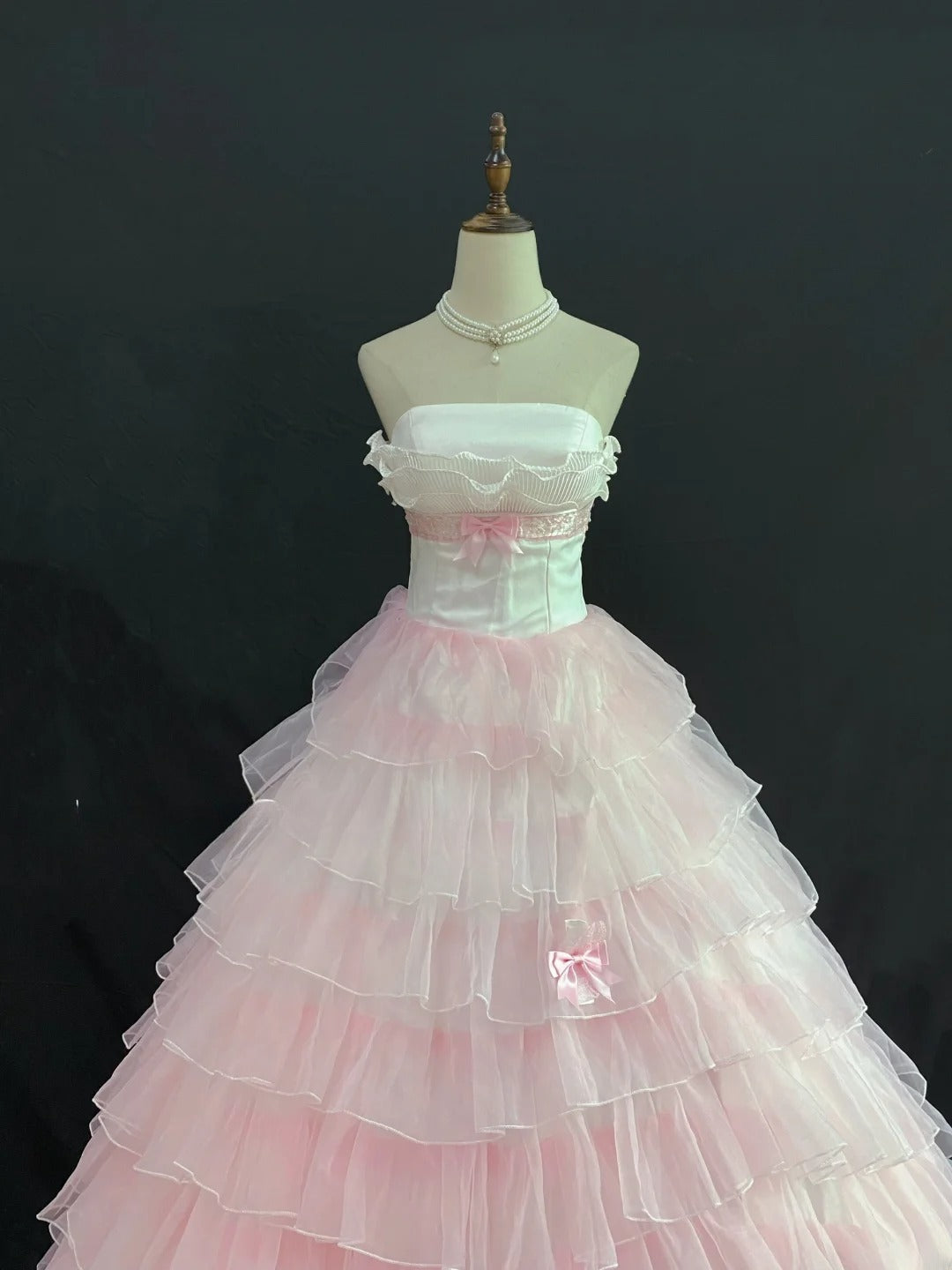 Princesses Ball Gown Strapless Pink Tulle Long With Tiered Layers Bow Quince Dress inspo Quinceanera Dresses Formal 16th Birthday Outfit RB7920