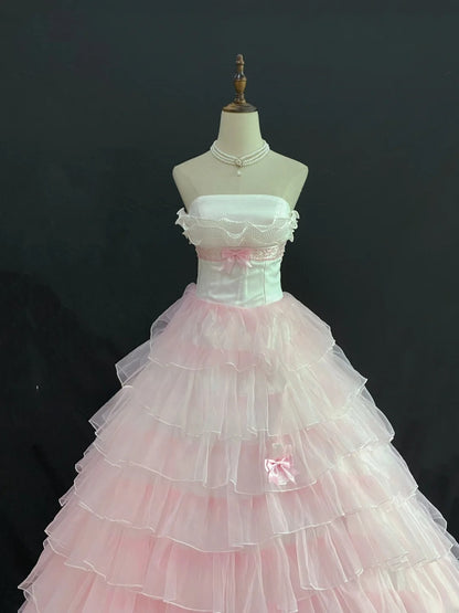 Princesses Ball Gown Strapless Pink Tulle Long With Tiered Layers Bow Quince Dress inspo Quinceanera Dresses Formal 16th Birthday Outfit RB7920