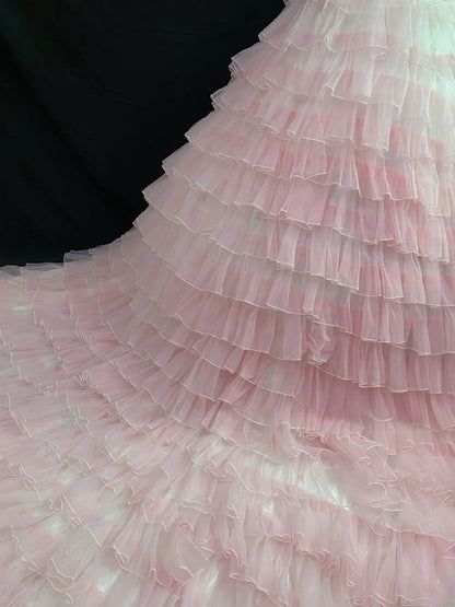 Princesses Ball Gown Strapless Pink Tulle Long With Tiered Layers Bow Quince Dress inspo Quinceanera Dresses Formal 16th Birthday Outfit RB7920