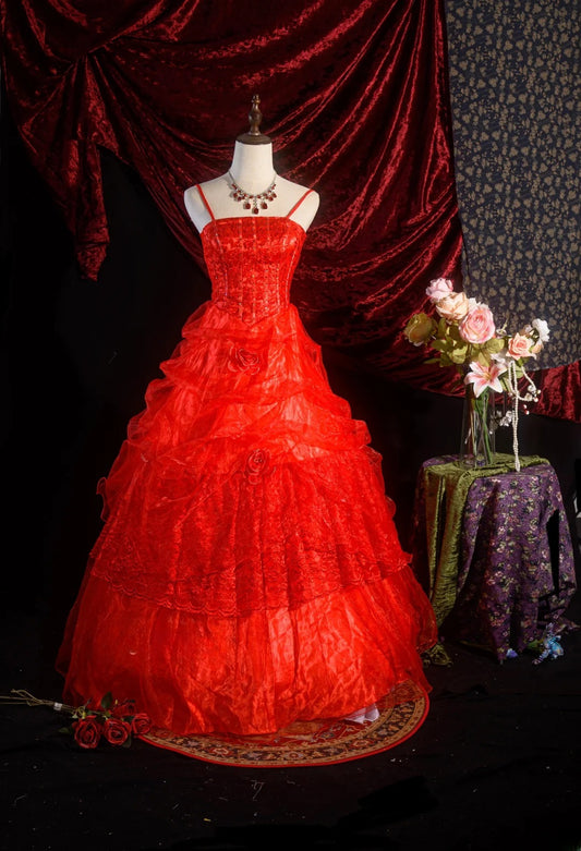 Hübsches Ballkleid mit Trägern, rotes Quinceanera-Kleid mit Spitze für Sweet 15, 15 Anos Kleid, formelles Outfit RB8629