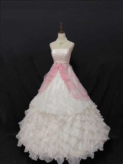 Aesthetic Ball Gown Spaghetti Straps Pink Chiffon Long With Tiered Layers Lace Long Quince Dress Quinceanera Dresses Formal 16th Birthday Outfits RB7921