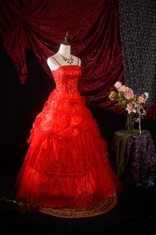 Hübsches Ballkleid mit Trägern, rotes Quinceanera-Kleid mit Spitze für Sweet 15, 15 Anos Kleid, formelles Outfit RB8629