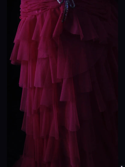 Vintage A-Linien-Abendkleid aus pinkfarbenem Tüll im Stil der 1950er Jahre mit Rüschenoberteil und herzförmigem Ausschnitt – Inspiration für ein Outfit zum 18. Geburtstag (Abendkleid AS465)