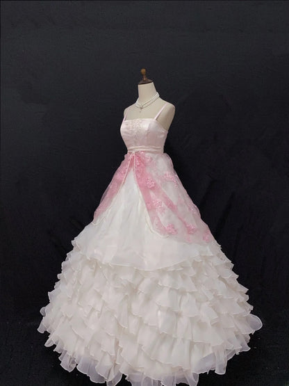 Aesthetic Ball Gown Spaghetti Straps Pink Chiffon Long With Tiered Layers Lace Long Quince Dress Quinceanera Dresses Formal 16th Birthday Outfits RB7921