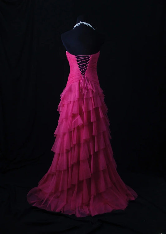 Vintage A-Linien-Abendkleid aus pinkfarbenem Tüll im Stil der 1950er Jahre mit Rüschenoberteil und herzförmigem Ausschnitt – Inspiration für ein Outfit zum 18. Geburtstag (Abendkleid AS465)