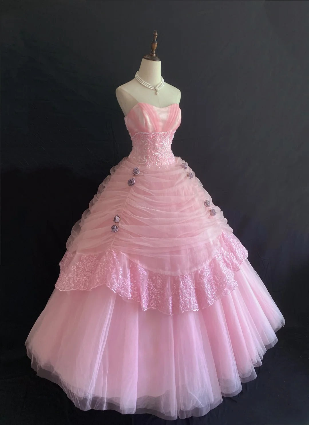 Princesses Ball Gown Sweetheart Pink Tulle Long With Tiered Layers Lace Quince Dress inspo Quinceanera Dresses Formal 16th Birthday Outfit RB7922