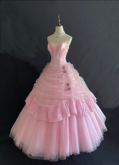 Princesses Ball Gown Sweetheart Pink Tulle Long With Tiered Layers Lace Quince Dress inspo Quinceanera Dresses Formal 16th Birthday Outfit RB7922