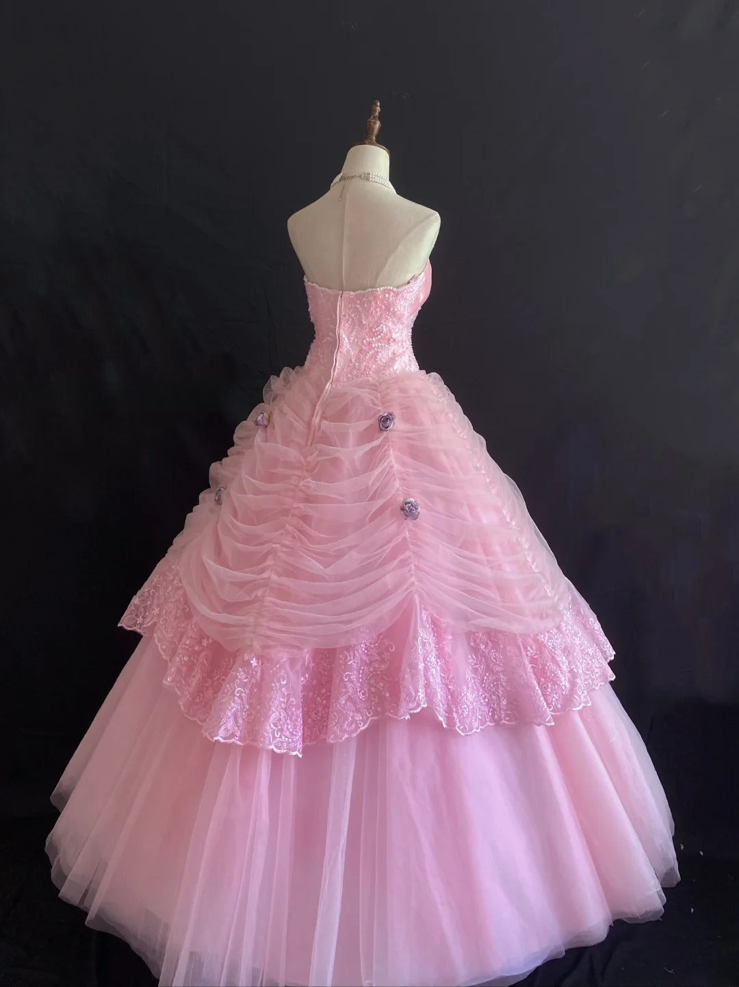 Princesses Ball Gown Sweetheart Pink Tulle Long With Tiered Layers Lace Quince Dress inspo Quinceanera Dresses Formal 16th Birthday Outfit RB7922