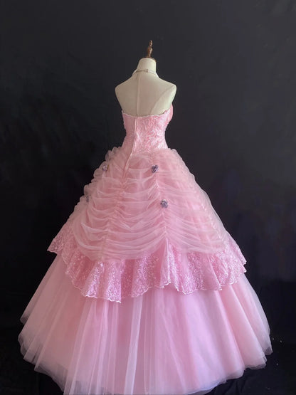 Princesses Ball Gown Sweetheart Pink Tulle Long With Tiered Layers Lace Quince Dress inspo Quinceanera Dresses Formal 16th Birthday Outfit RB7922