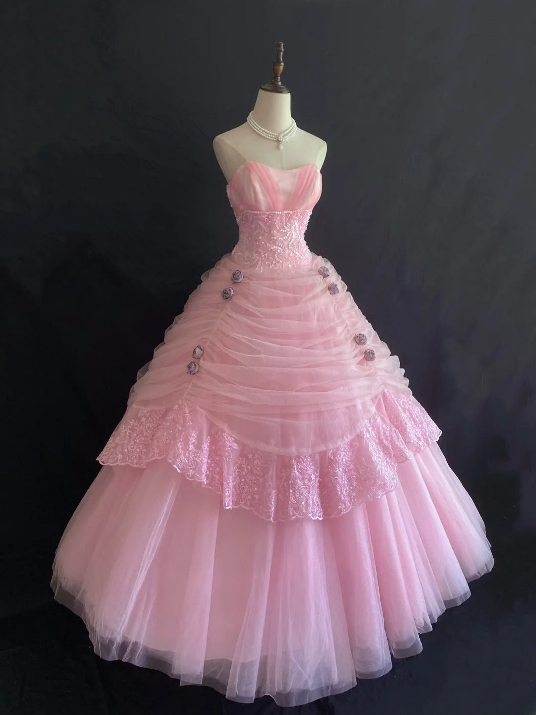 Princesses Ball Gown Sweetheart Pink Tulle Long With Tiered Layers Lace Quince Dress inspo Quinceanera Dresses Formal 16th Birthday Outfit RB7922
