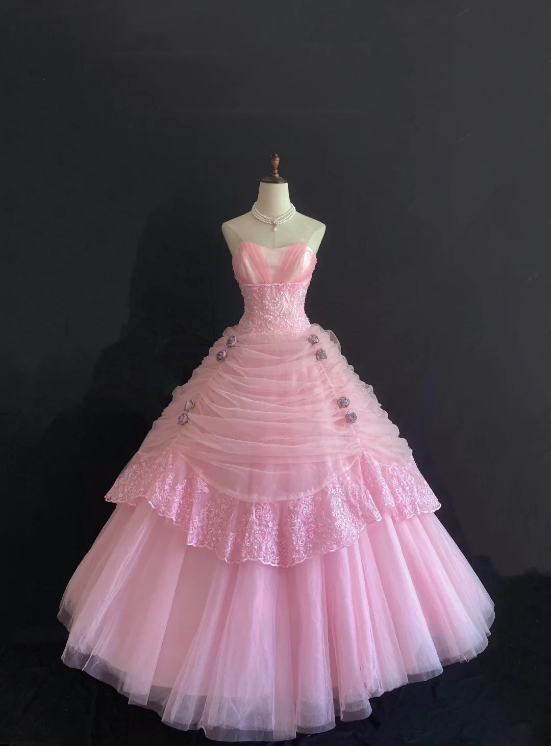 Princesses Ball Gown Sweetheart Pink Tulle Long With Tiered Layers Lace Quince Dress inspo Quinceanera Dresses Formal 16th Birthday Outfit RB7922