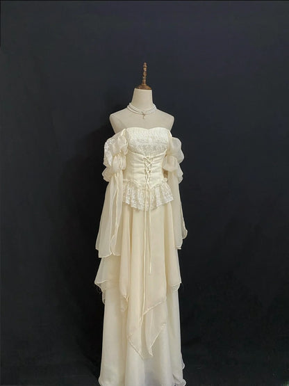 Vintage 90s A Line Square Neck Chiffon With Long Sleeves Prom Dresses Formal Outfit Evening Night Dress RB7923