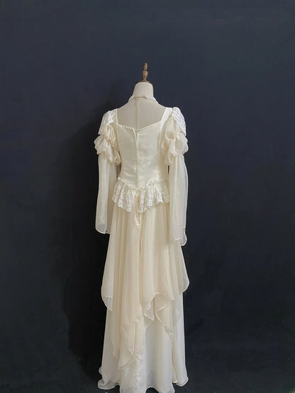 Vintage 90s A Line Square Neck Chiffon With Long Sleeves Prom Dresses Formal Outfit Evening Night Dress RB7923