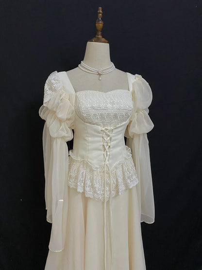 Vintage 90s A Line Square Neck Chiffon With Long Sleeves Prom Dresses Formal Outfit Evening Night Dress RB7923