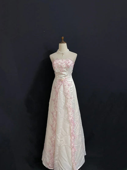 Vintage 90s A Line Strapless White Satin Pink Lace Prom Dresses Formal Outfit Evening Night Dress RB7924