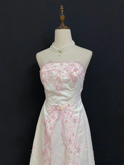 Vintage 90s A Line Strapless White Satin Pink Lace Prom Dresses Formal Outfit Evening Night Dress RB7924